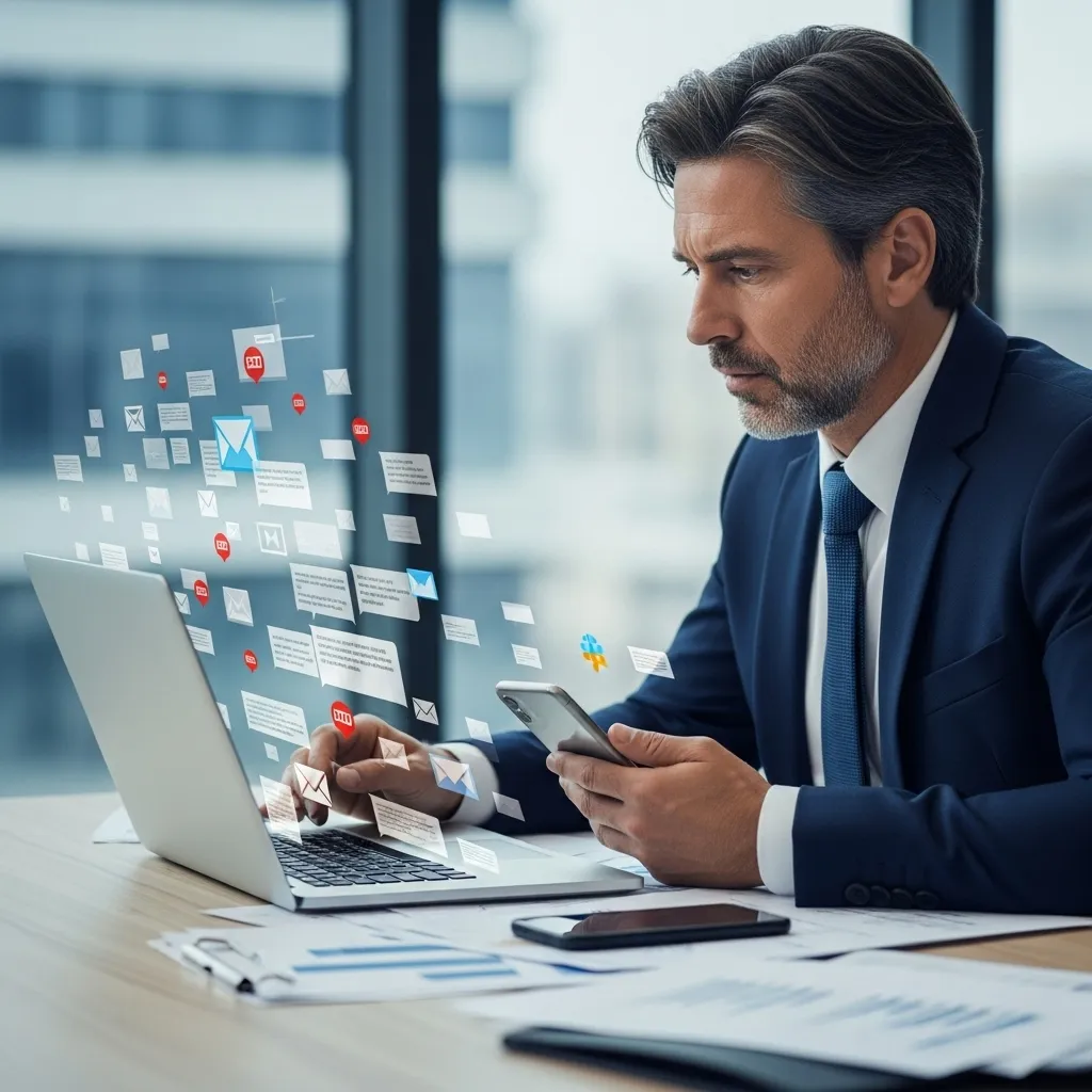 A business leader surrounded by a flood of notifications